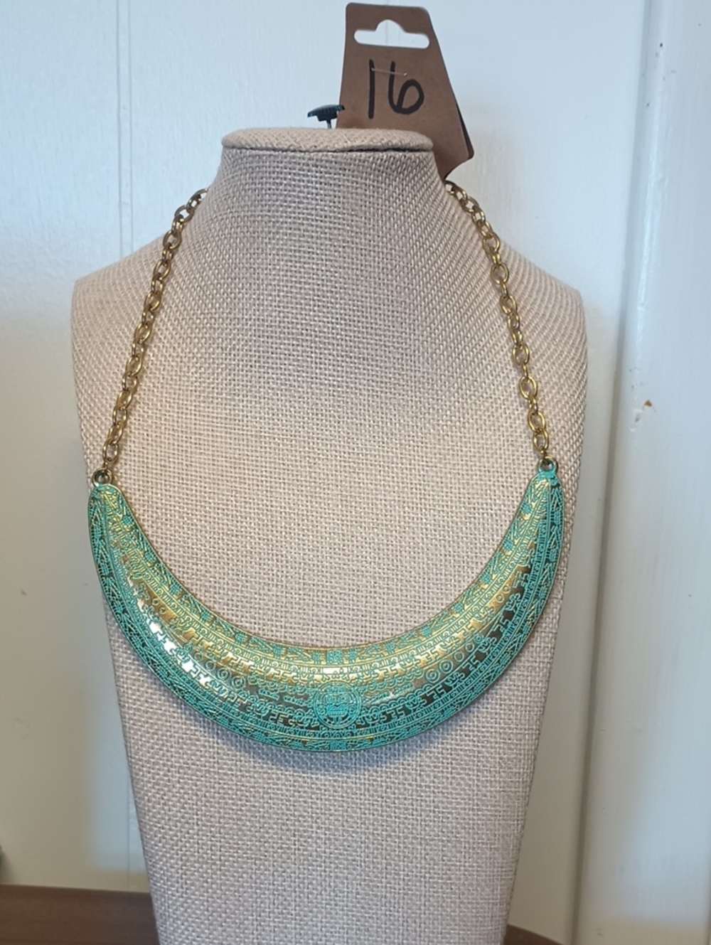 Gold Chain Turquoise Patina Crescent Necklace